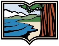 The library logo - framed by a book, a mighty redwood stands by water and hills.