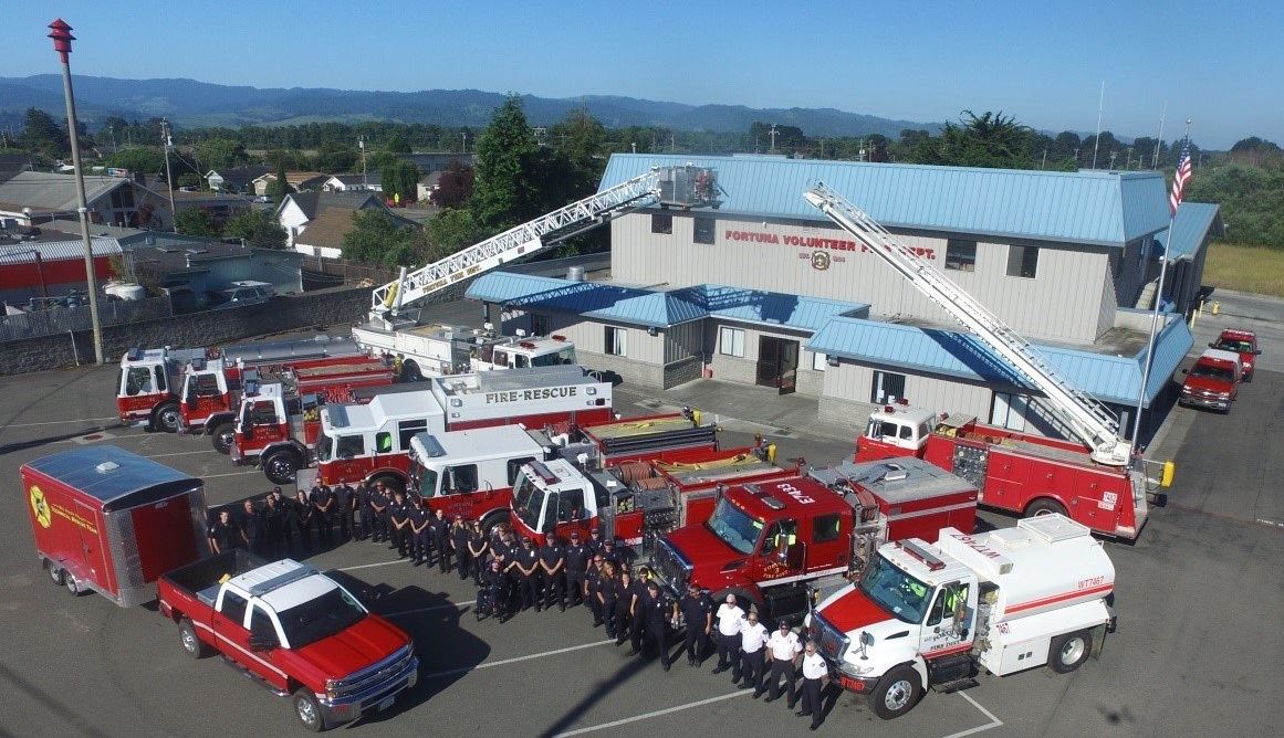 Aerial photo of all Fortuna VFD personnel and apparatuses