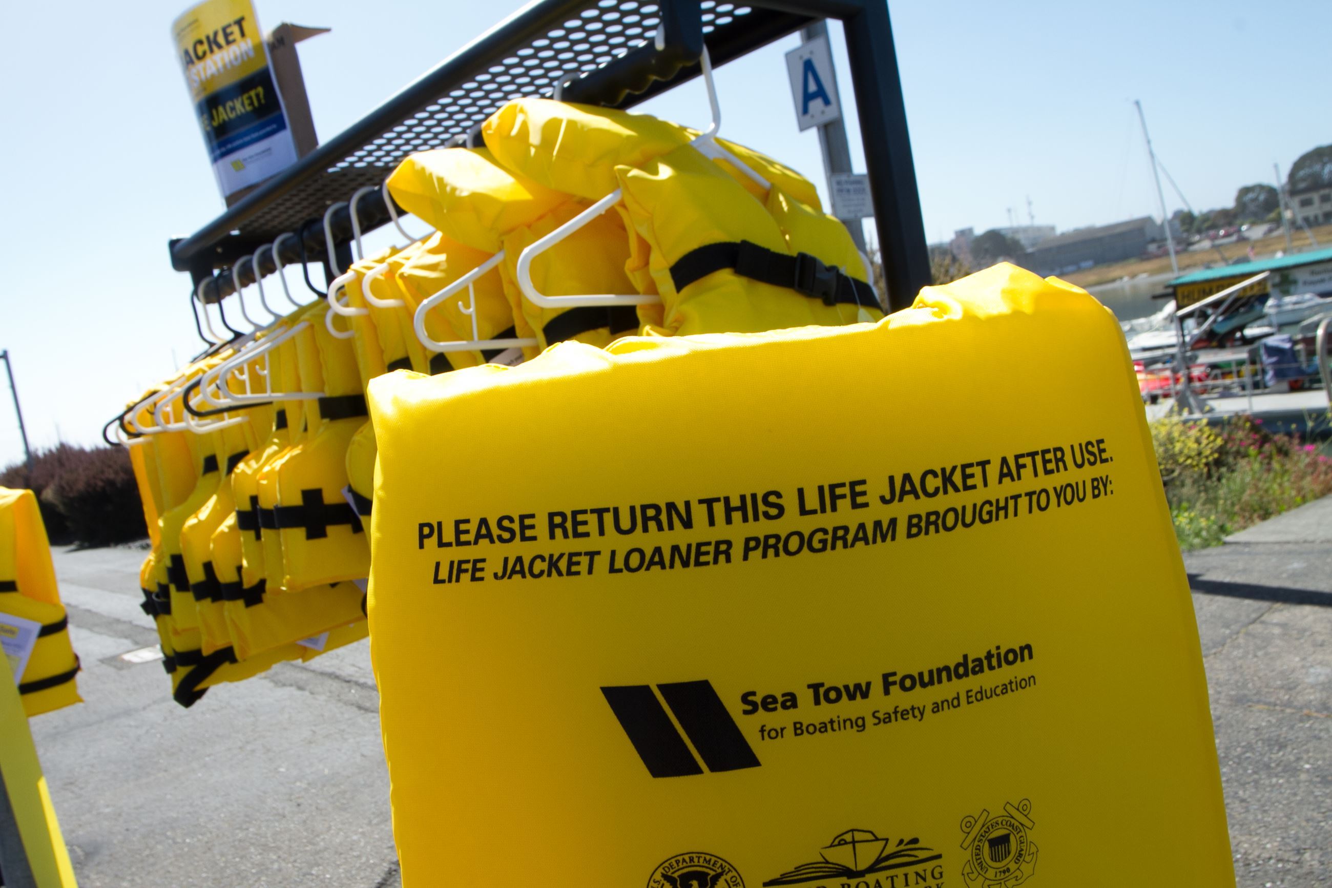 Brightly colored life jackets are available to borrow at loan stations around Humboldt County.