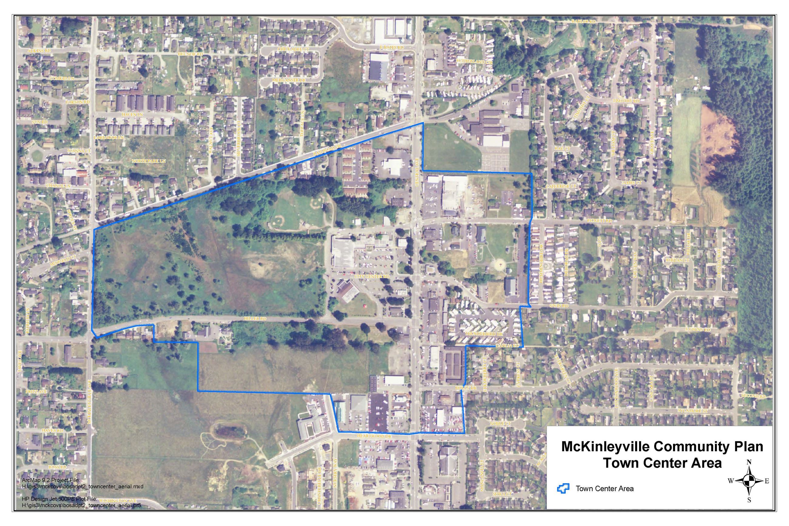 Aerial map of the McKinleyville Town center, which is outlined mostly by McKinleyville Road, Railroa