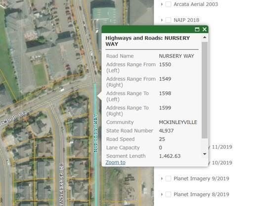 screenshot from the County GIS showing the attribute table for a road segment; with emphasis on the 