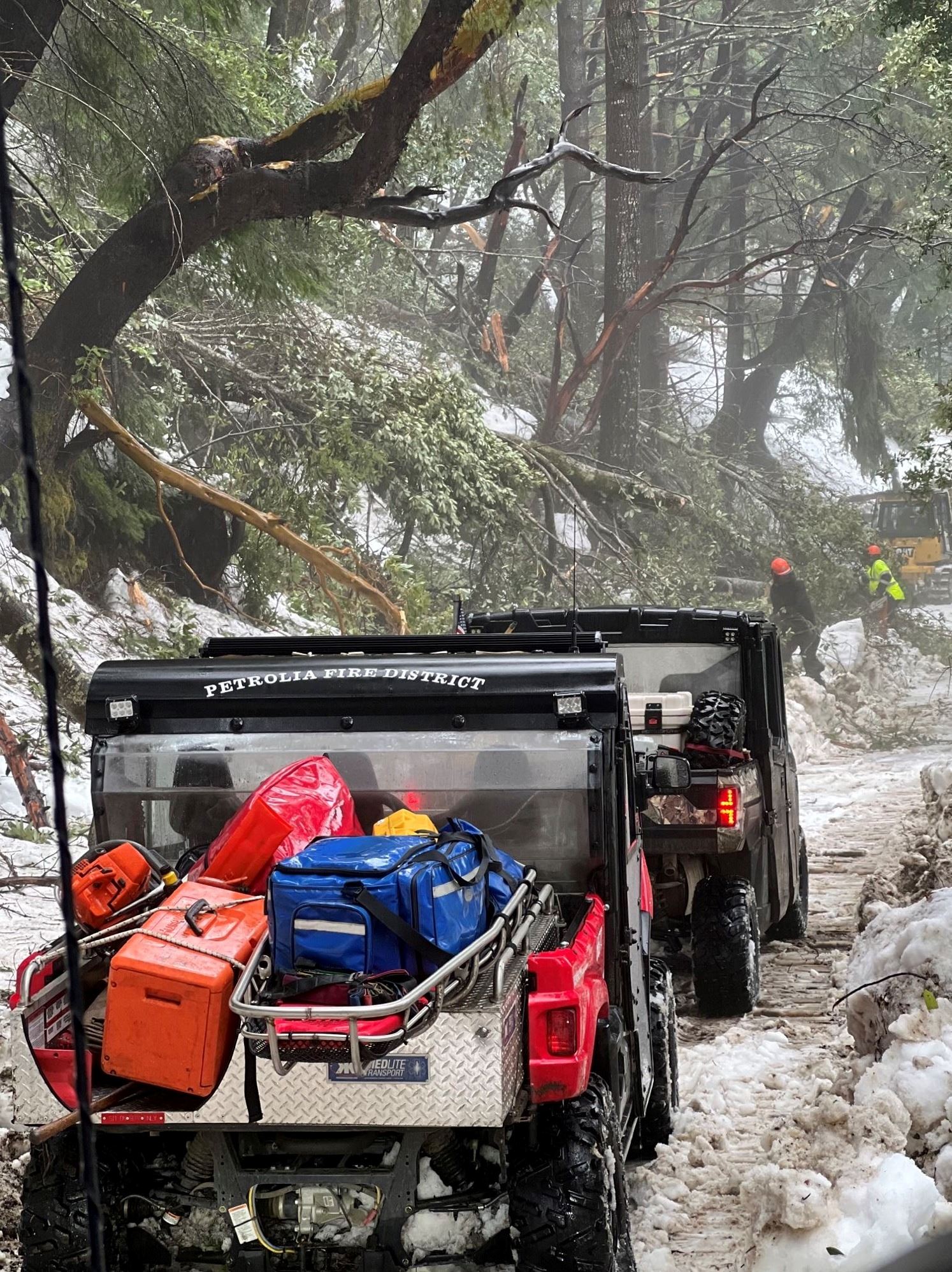 Petrolia fire rescue vehicles await a tree to be cleared