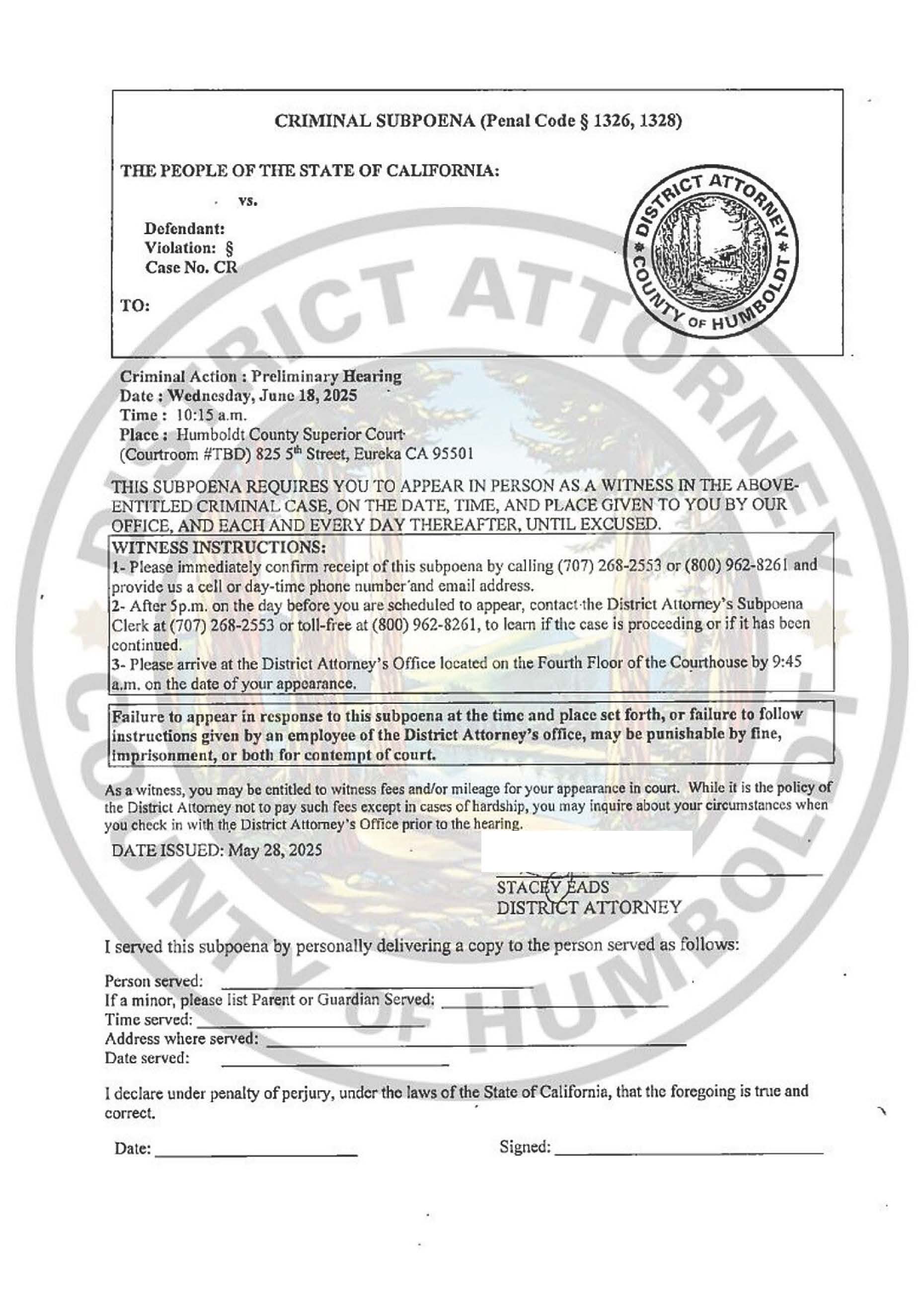 Preliminary Hearing Subpoena Example