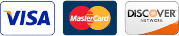 The logos for Visa, Mastercard, and Discover.