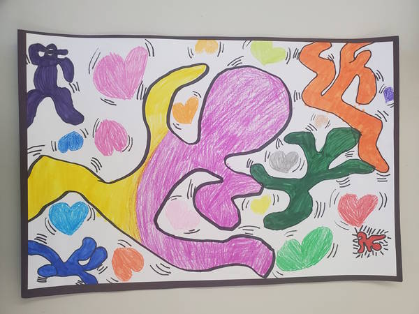 Keith Haring inspired art by a Blue Lake Elementary School student.