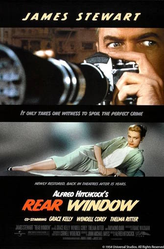 Poster for the movie Rear Window featuring James Stewart with a camera and Grace Kelly reclining bel