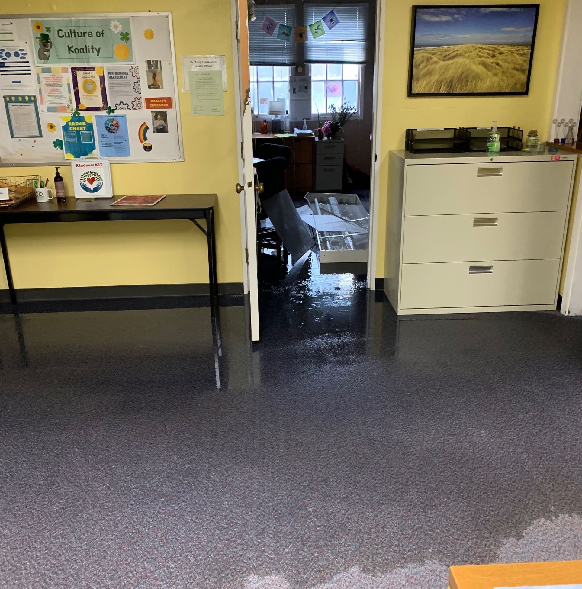 Debris, flooded carpet and room of County Health Officer's office.